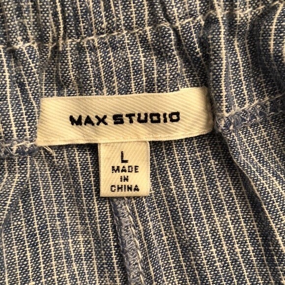 MAX STUDIO SIZE LARGE BLUE PINSTRIPE PAPERBAG WAIST RELAXED LINEN BLEND PANTS - Picture 6 of 7